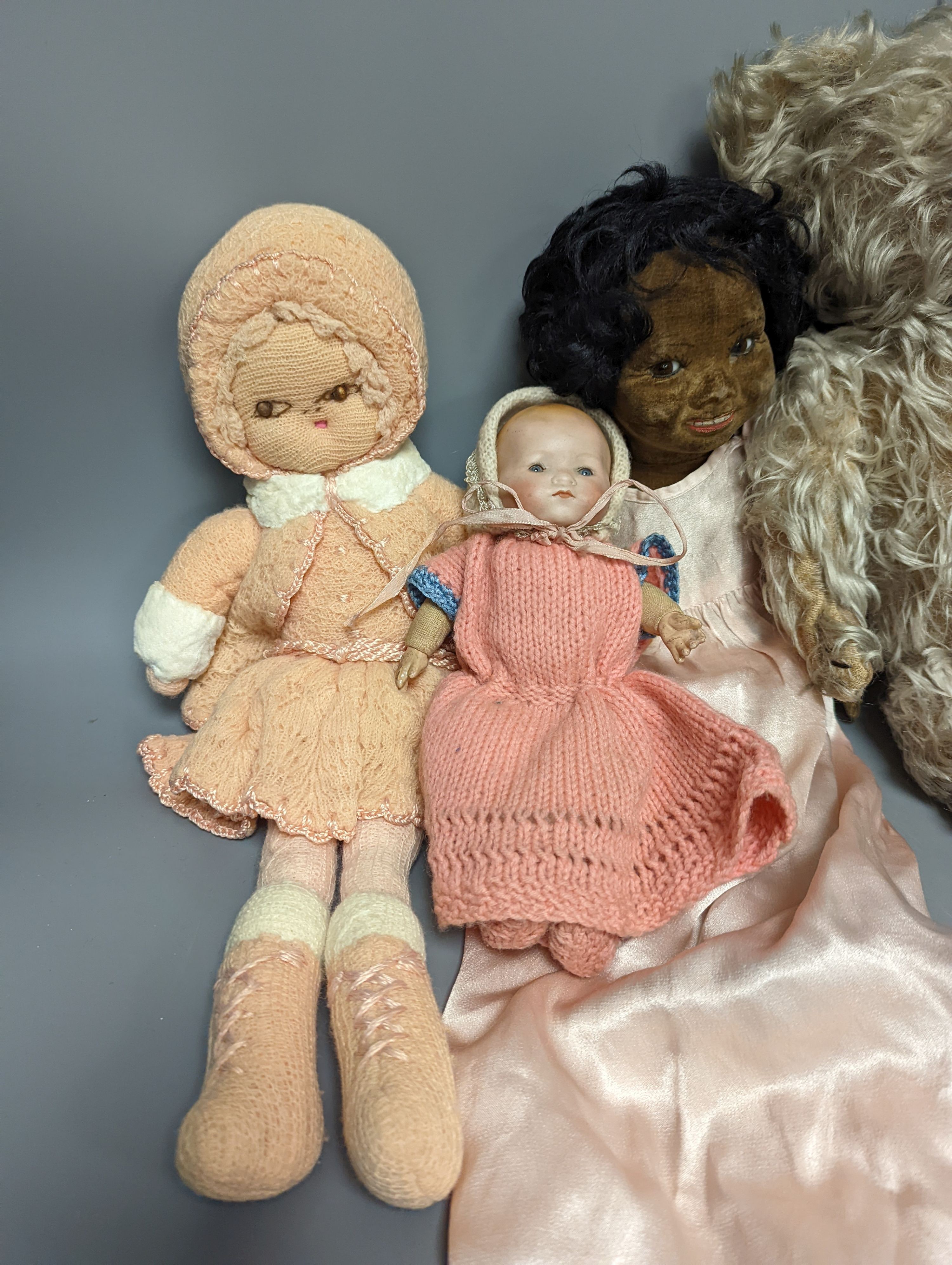 A Nora Wellings type mulatto doll and an Armmand Marseille doll 341, teddy etc, mulatto doll 43cms high